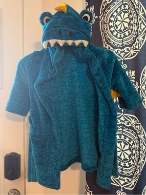 Cat & Jack Teal Dinosaur Hooded Robe with Yellow Crest Accent
